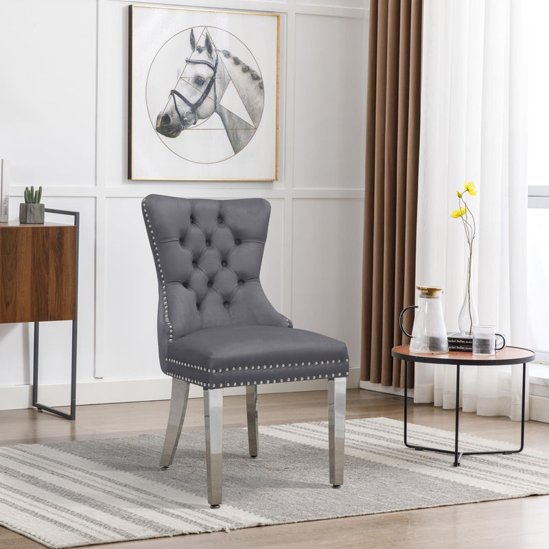 CK221 - Grey Velvet Chair W/ Silver Steel Legs